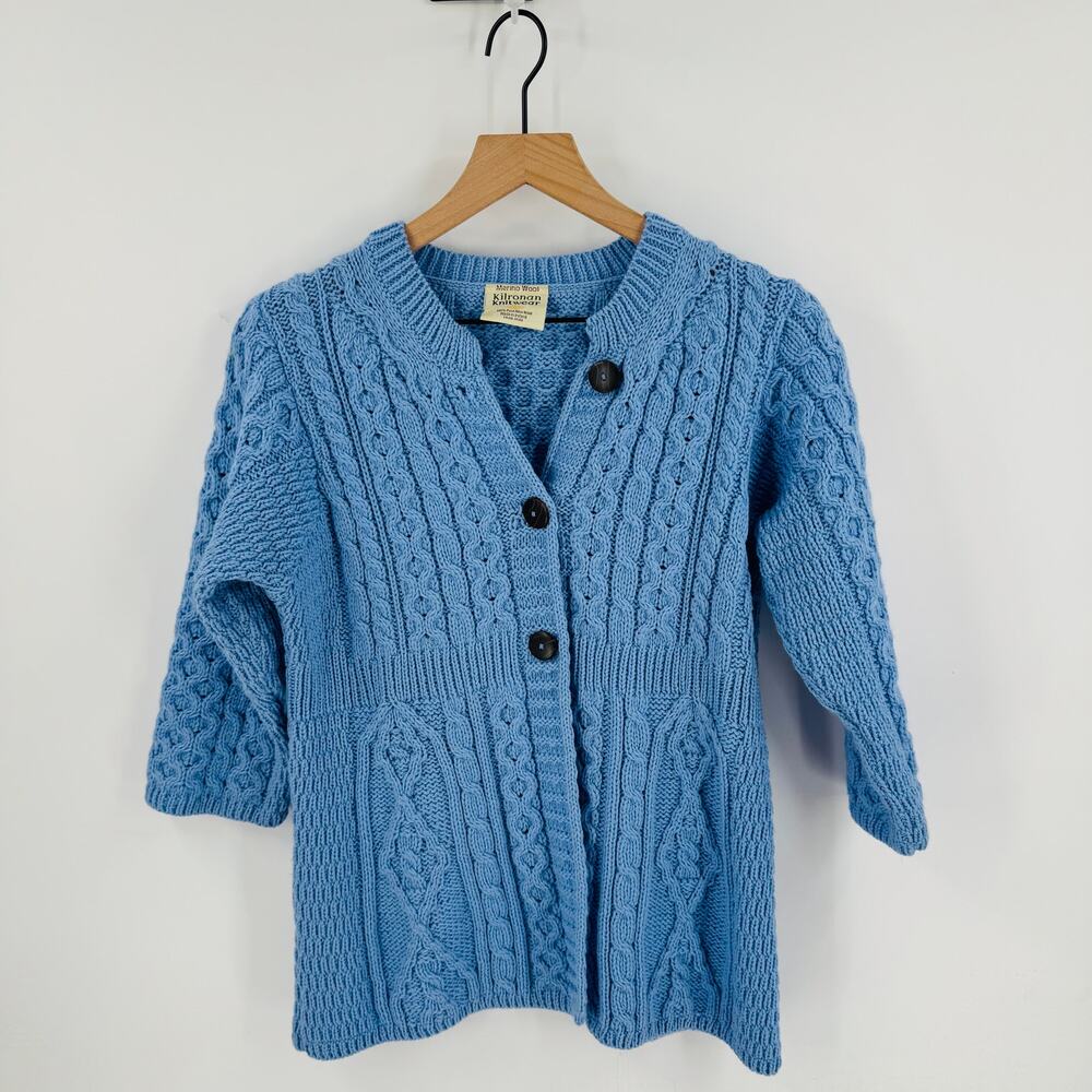 Kilronan Knitwear Irish Merino‎ Wool Blue Aran Cardigan Buttons Small Fisherman